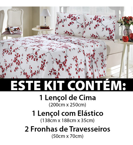 Jogo Cama Casal 4 Peças Lençol Elástico 100% Algodão Lorena