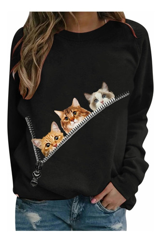 Playera De Mujer Con Cuello Redondo Y Estampado De Gato Man