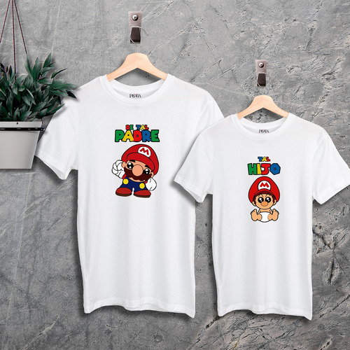 Franela Blanca Papa Dúo Mario Bros Personalizadas 