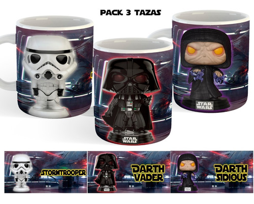 Pack De 3 Tazas Blancas  De Star Wars Funko Pop Darthvader