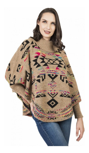 Poncho Conquista Con Cuello Alto Tejido Grecas Multicolor