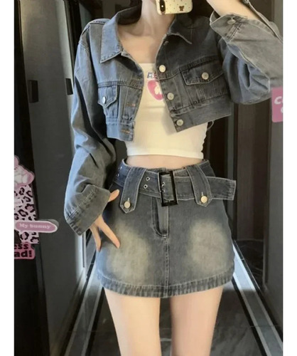 Conjunto De Abrigo Y Falda De Mezclilla De Estilo Retro Para