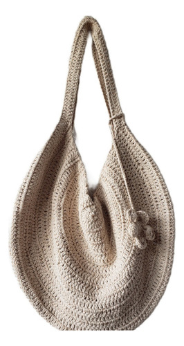 Bolso Playero Al Crochet Color Arena Claro C/ Colgante Flor