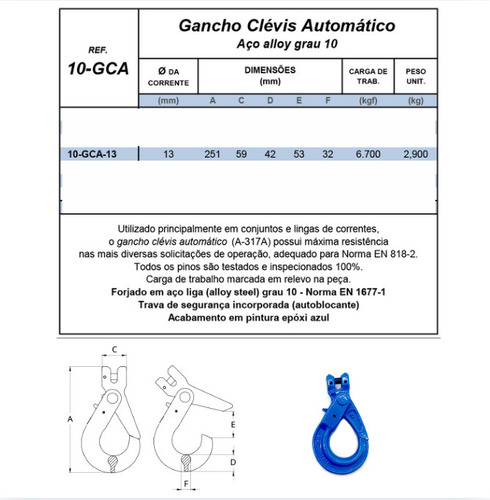 04un. Gancho Clévis Automático Aço Alloy Grau 10 13mm 6700kg