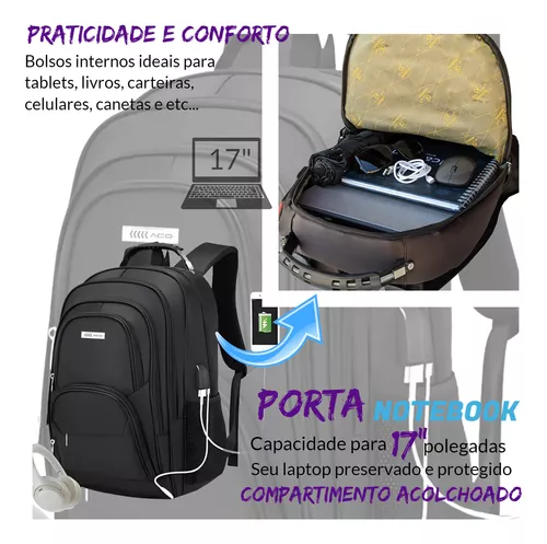 Mochila de Viagem Masculina Grande Entrada USB Bateria Interna