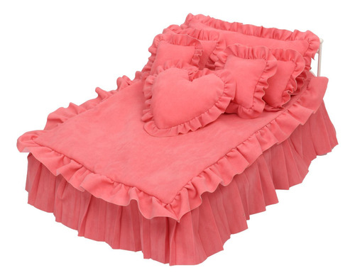 Cama Doble En Miniatura De Casa De Muñecas 1/6, Con Rosa