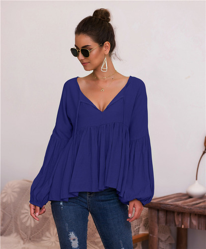 Blusa Con Cuello En V De Color Liso Y Mangas Abullonadas