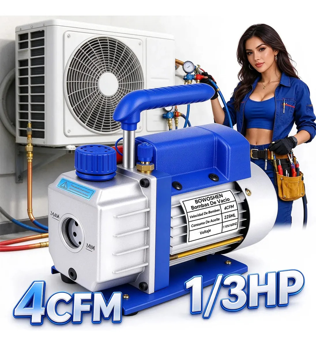 Bomba de Vacío 4 CFM para Aire Acondicionado BOWOSHEN 1/3 HP Portátil para Refrigeración y Envasado al Vacío Talleres