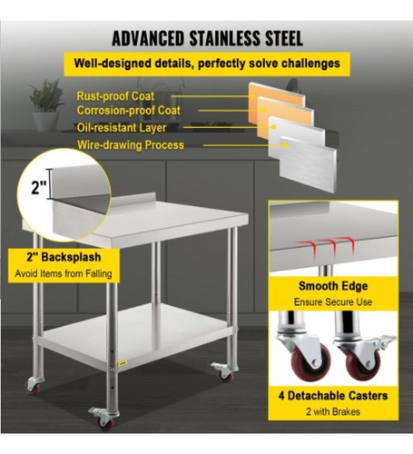 Mesa Para Preparación Alimentos Acero Inox. 440lbs 30x24x35