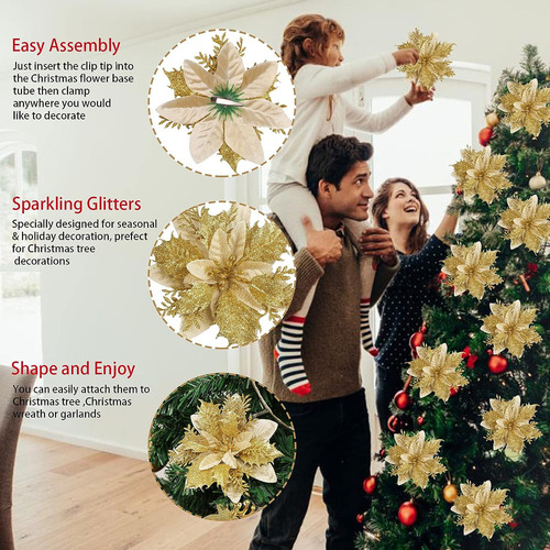 30 Flores Artificiales De Nochebuena Doradas De 14 Cm Para N