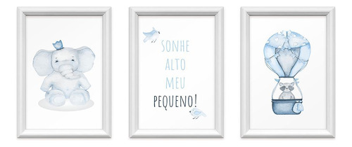 Kit 3 Quadros Decorativos Elefante Balão Azul 24x34cm