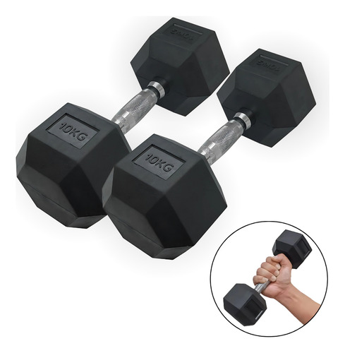 Par De Mancuerna Hexagonal 10 Kg Negra Negro
