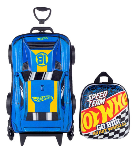 Mochila Hot Wheels Rodinha Muscle 3d Infantil 3 Rodas Maxtoy Cor Azul