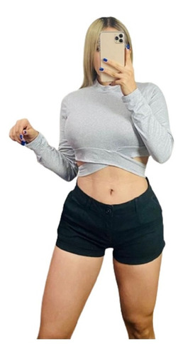 Crop Top Para Dama Con Tira Cruzada Espalda Y Manga Larga