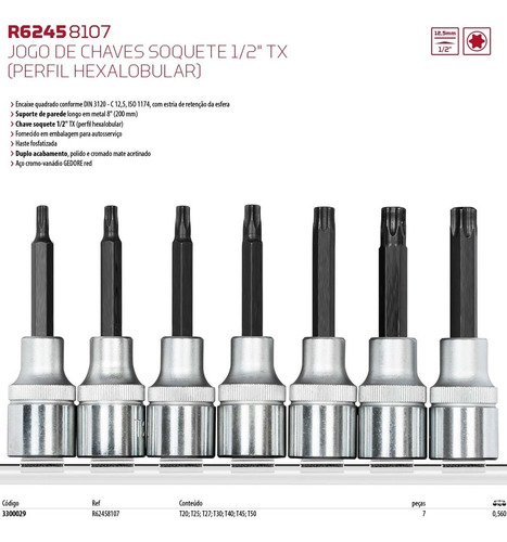 Imagem 3 de 3 de Jogo De Soquete Torx Longo 7 Peças 1/2 R62458007 Gedore Red