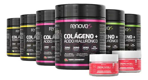 Kit 6x Colágeno + Ácido Hialurônico Renova Be Colágeno Hidrolisado Zero Glúten e Lactose Vitaminas E C B6 Biotina Zinco
