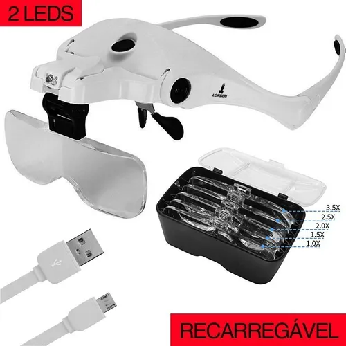 comprar Lupa de Cabeça recarregável com 5 Lentes de aumento Ajustáveis - Uso Profissional com 2 LEDs de alta luminosidade - iDEAL para Artesanato, Leitura e reparos - Marca Lorben