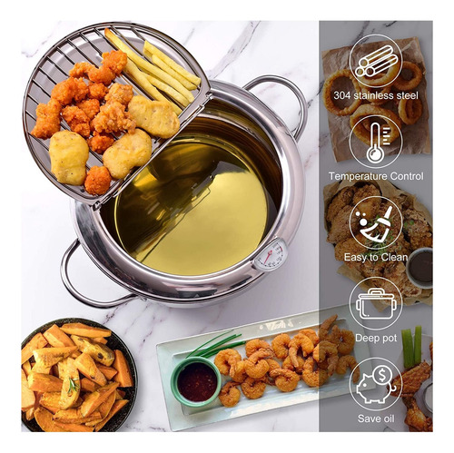 Olla For Freír Con Termómetro Y Tapa 304 Tempura Fryer Pan