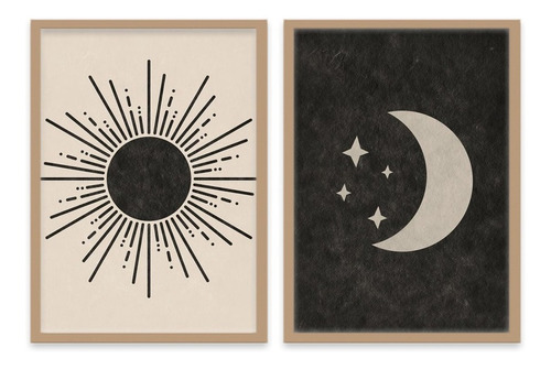 Set X2 Cuadros Sol&luna Black Moderno Decorativo C/vidrio