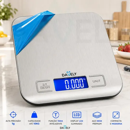 Balança Digital Cozinha eletrônica Touch 10kg Inox Display Led LCD culinária Fitness pesagem alimentos para dieta portátil alimentar Foods Comida Profissional Domestico Confeitaria Nutricional Davely.