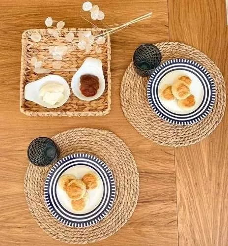 Manteles individuales redondos de yute con decoración de diseño de desayuno