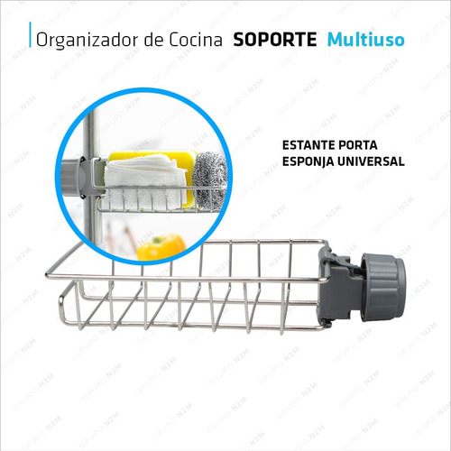 Imagen 2 de 10 de Soporte Porta Esponja Ajustable Canilla Cocina Baño Cromado