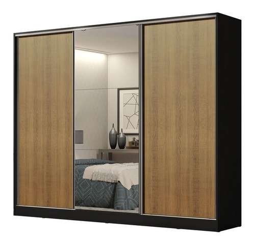 Guarda Roupa Casal Mdf Madesa Royale Correr C Espelho Pr Cor Preto/Rustic 106209