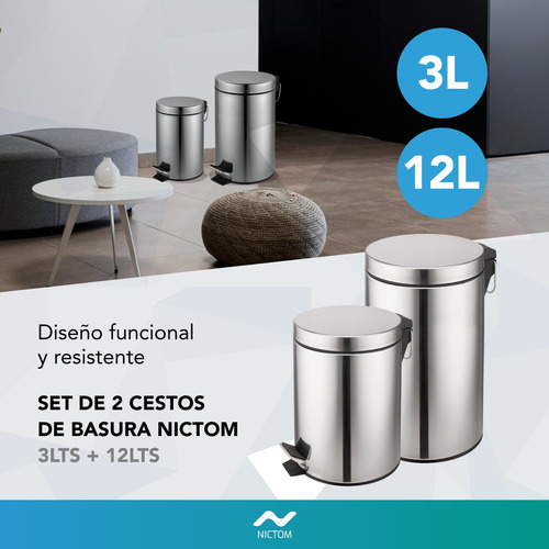 Set Tachos De Basura 3 Lts Y 12 Lts Acero Inoxidable Cestos