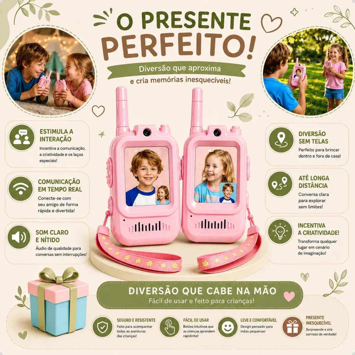 Walkie Talkies Brinquedo Infantil Recarregável Radio Comunicador Video chamada 150m Eletrônico Hobbies Rosa