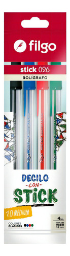 Bolígrafo Birome Filgo Stick 026 Pack X 4 Colores Trazo 1mm Color De La Tinta Multicolor Color Del Exterior Transparente