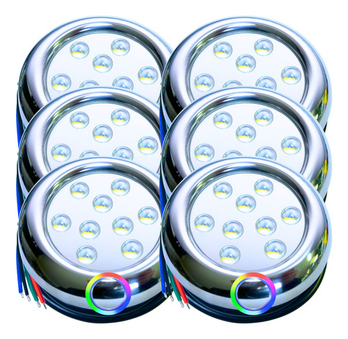 06pçs Luminária Rgb Led 9w Inox 8cm 12v P/ Piscina Rosca 1/2