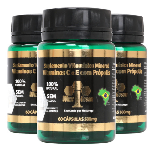 Kit 3x Vitaminas C & E Com Própolis Verde 85% Extrato Seco (