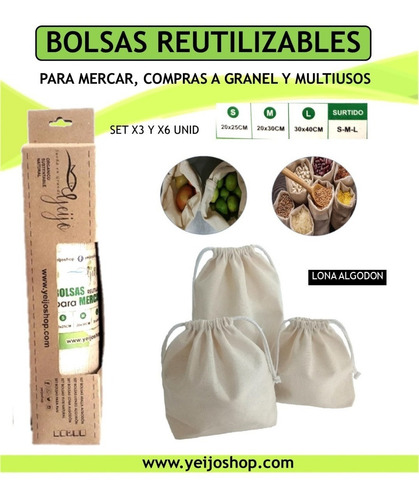 Bolsas Reutilizables Para Mercar,set X 6, Yeijo,tela Lona