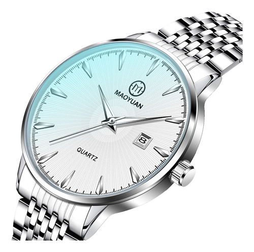 Reloj De Cuarzo Para Hombre Quartz watch My-003 Deportivo Impermeable Funci Correa Plateado Bisel Plateado Fondo Blanco