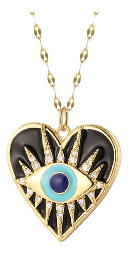 Collar + Dije Oro Laminado Hamsa Ojo Turco Negro Corazón