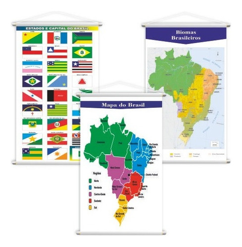 Mapa Brasil + Bandeiras + Biomas Kit 3 Banners Grandes, De J.