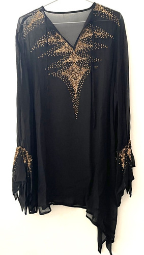 Blusa Negra Creppe Bordado En Dorado. Fina, Impecable.