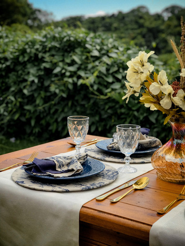 Conjunto Mesa Posta Linho Toile De Jouy Estilo Farm House