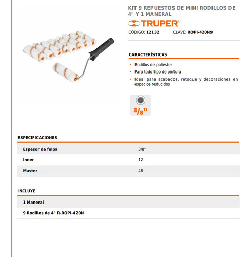 Imagen 7 de 7 de Kit De Rodillos Para Pintar 9 Rodillos, 1 Maneral 4'' Truper