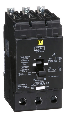 Imagen 1 de 1 de Interruptor Termomagnético Edb 3p 70a Schneider Edb34070
