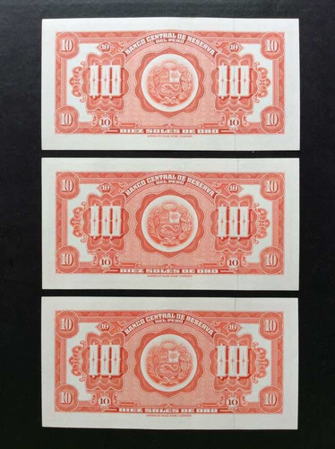 Imagen 2 de 2 de 10 Soles Oro 1965 Unc, Set 3 Billetes Numeración Consecutiva