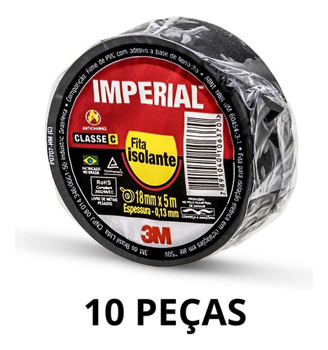 Kit 10 Pçs Fita Isolante Imperial 3m Preta 18mm X 5 Metros