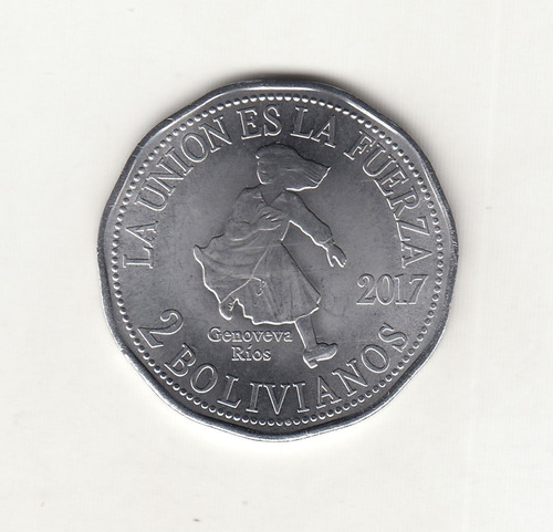 Moneda Bolivia 2 Bolivianos Conmemorativa Genoveva Ríos 2017