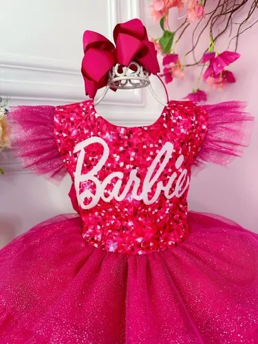 Vestido Infantil Rosa Barbie Peito Strass Glitter Luxo