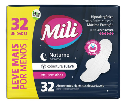 Kit 64 Absorvente Noturno Mili Com Abas - 2 Pacotes 32 Un