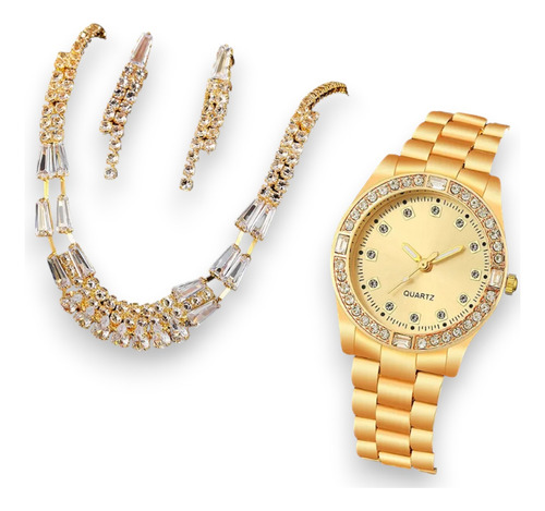 Set Reloj Rosa Con Collar  Y Aretes Dorado Bonito Kawaii
