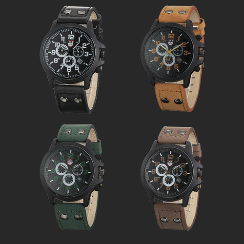Brown - Watches Mens Military Army Leather Date Wrist Watch