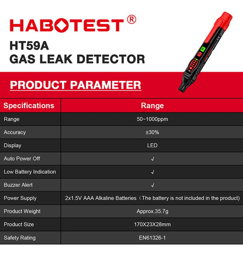 Detector De Gas Habotest Ht59a Lp Natural Gasolina Alta Cali