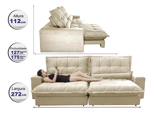 Sofa Retrátil Reclinável Pocket Cama Inbox Soft 2,72m Bege