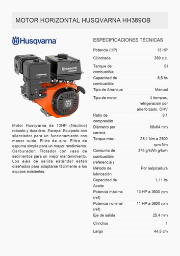 Imagen 3 de 8 de Motor Nautico Husqvarna 13hp Hh389ob Ohv Para Rios Lagos